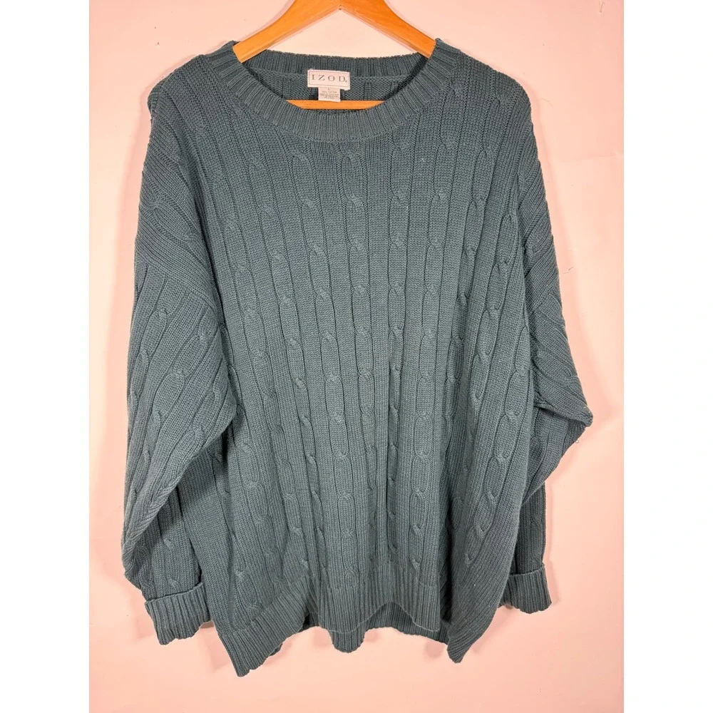 Izod Mens Cable Knit Crewneck Sweater Teal Green 100% Cotton L Vintage Style